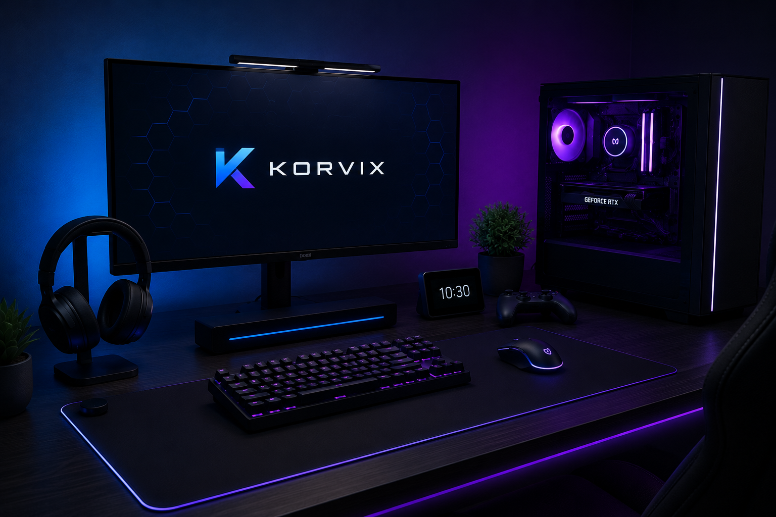 Setup gamer Korvix con monitor, teclado, audifonos y computador